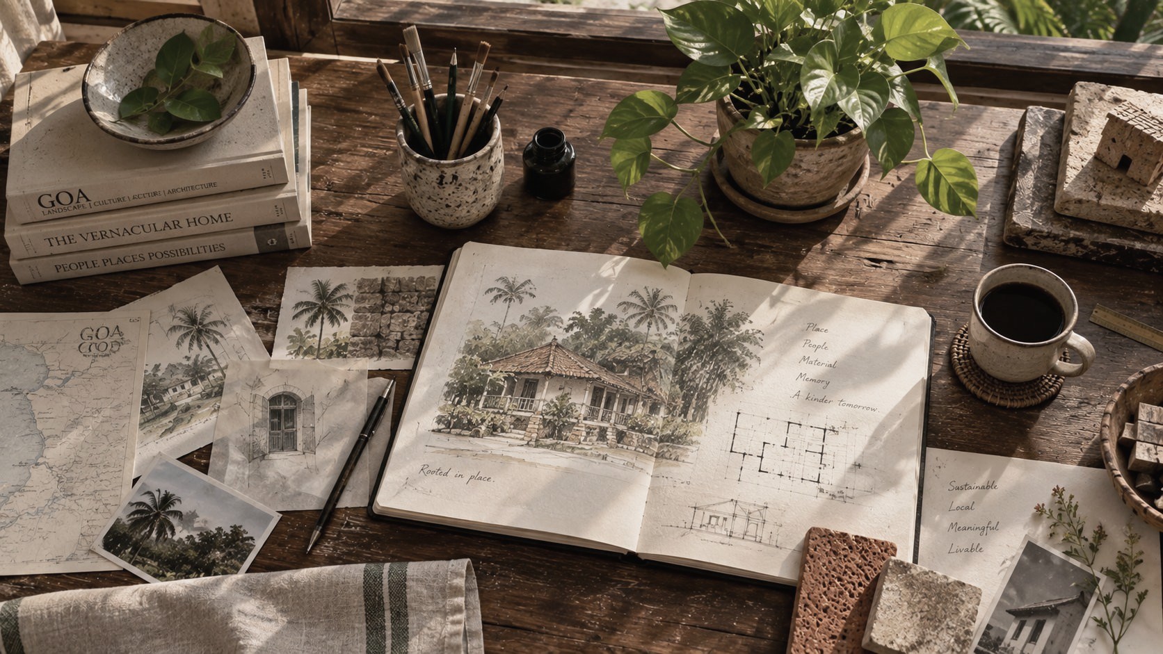 An overhead view of a wooden desk with an open sketchbook of architectural drawings and watercolor paintings, books, brushes and a cup of coffee, lit by window light