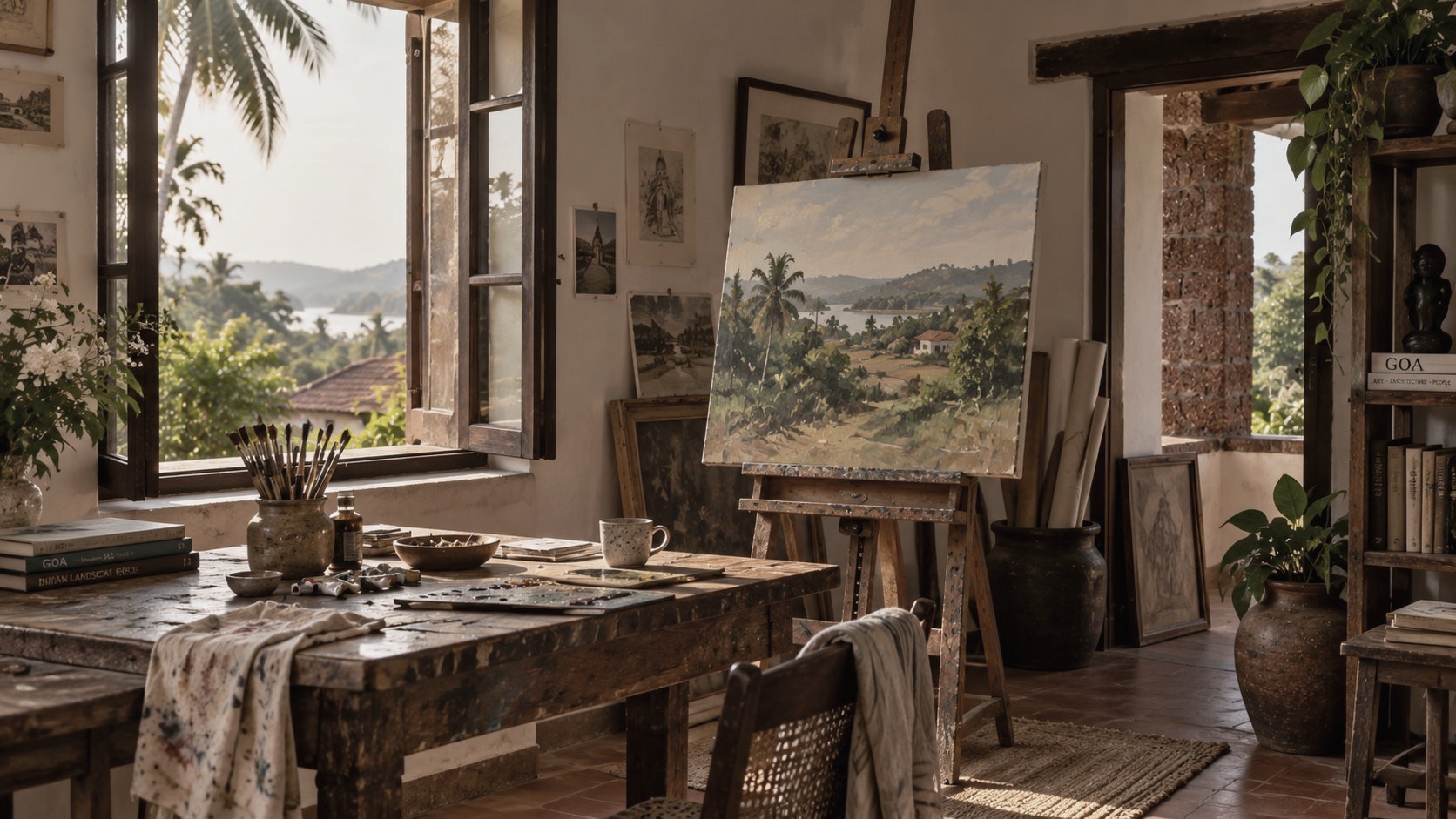 A sunlit painting studio in Goa with an easel and an in-progress landscape painting