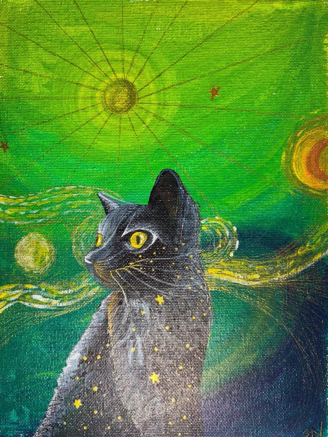 Celestial painting of a cat surrounded by stars and green night sky