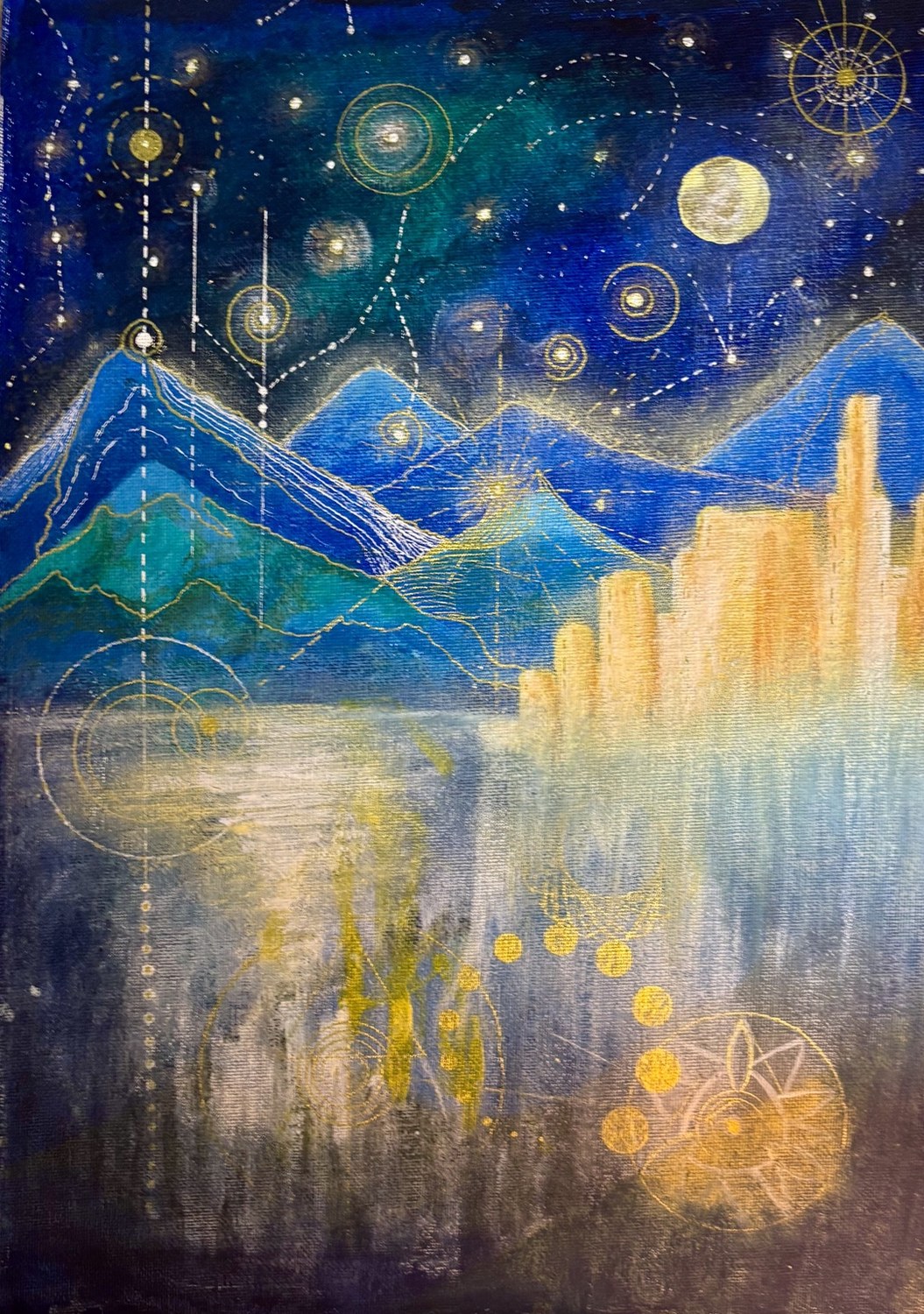 Blue and gold painting of mountains, stars and a celestial landscape