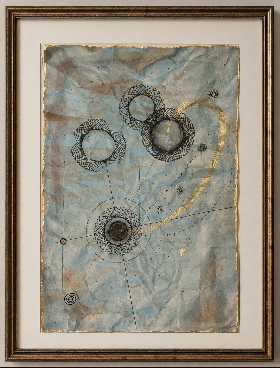 Framed abstract artwork with delicate geometric flower forms and a blue paper ground
