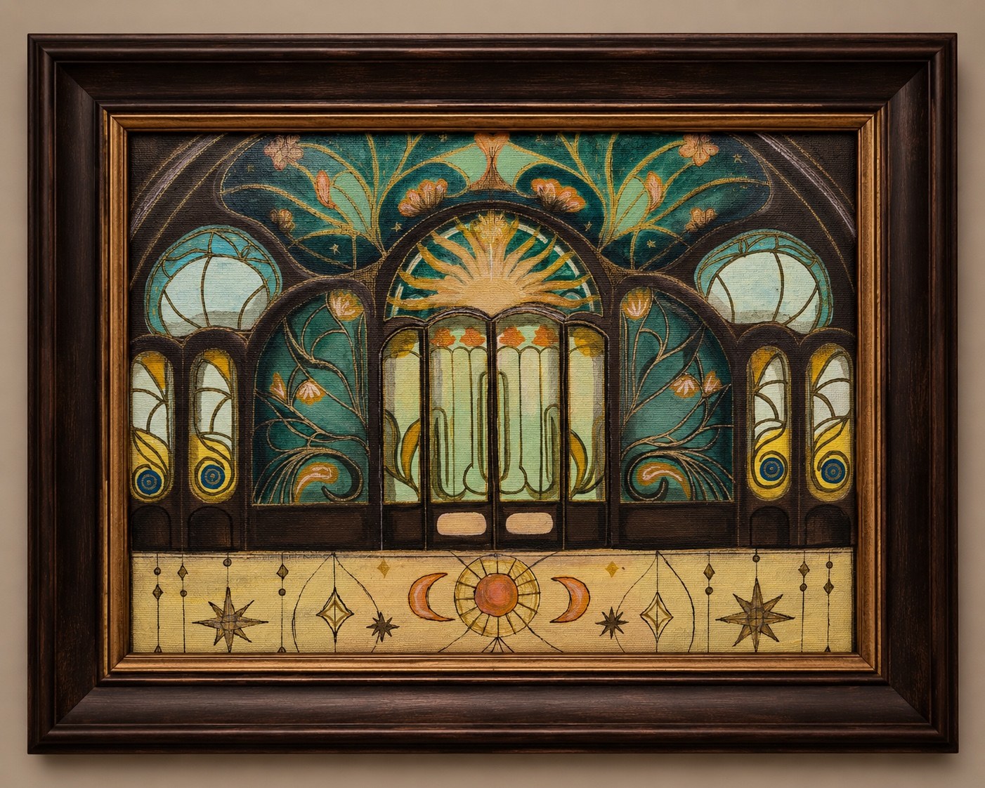 Framed decorative artwork inspired by art nouveau arches, botanical forms and celestial symbols
