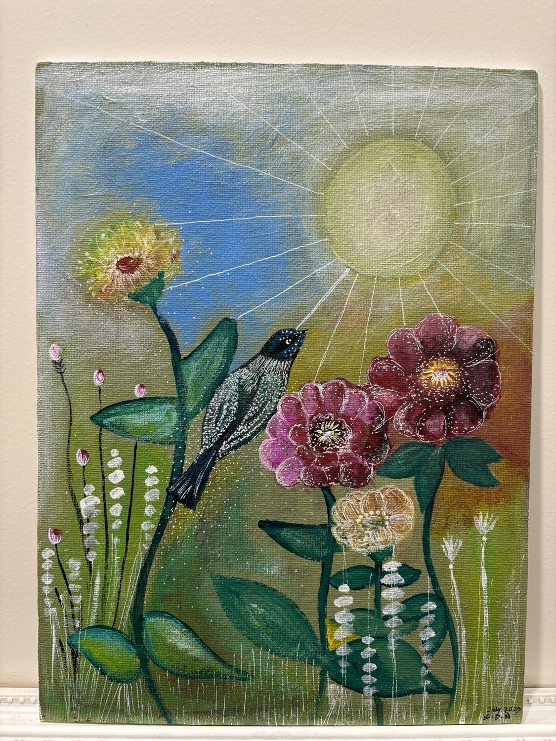 Painting of a bird and flowers beneath a large sun in a garden landscape