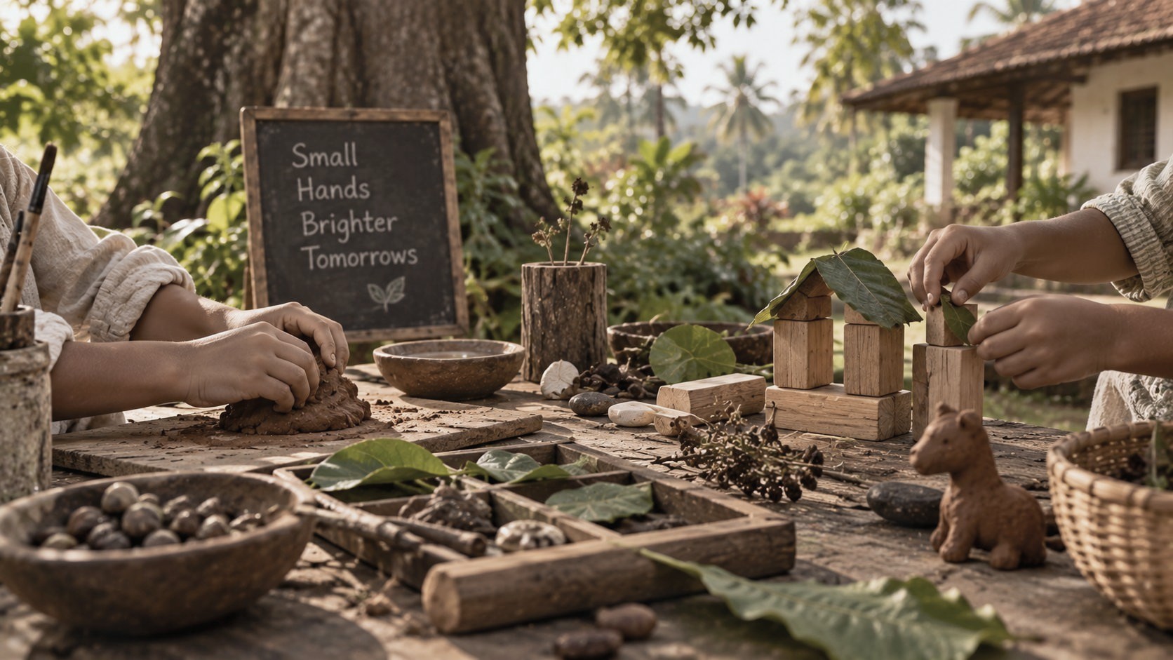 Children's hands shaping clay and building with wooden blocks and natural materials at an outdoor table under a large tree