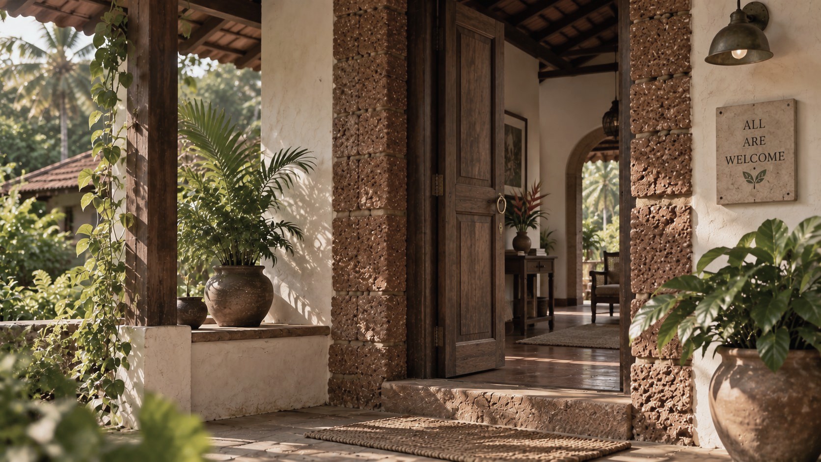 An inviting Goan home entrance framed by natural materials and greenery