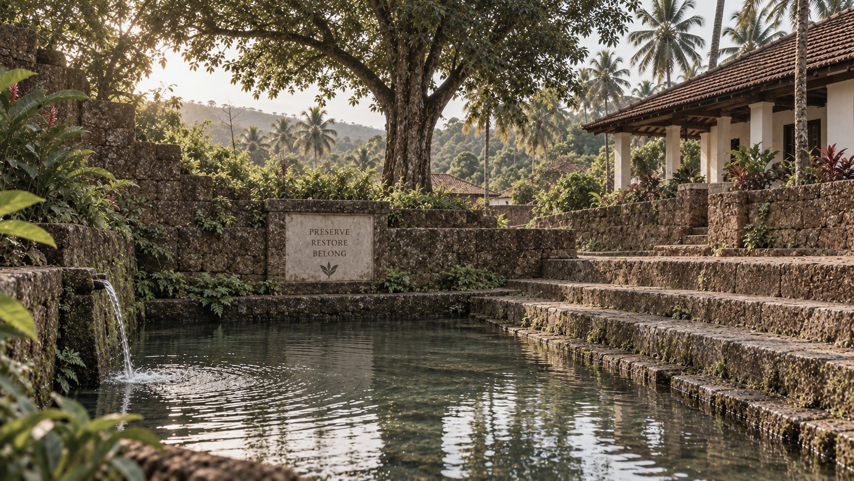 A restored natural spring with a stone-lined pool, palm trees and a Goan house in the background, engraved with the words Preserve, Restore, Belong