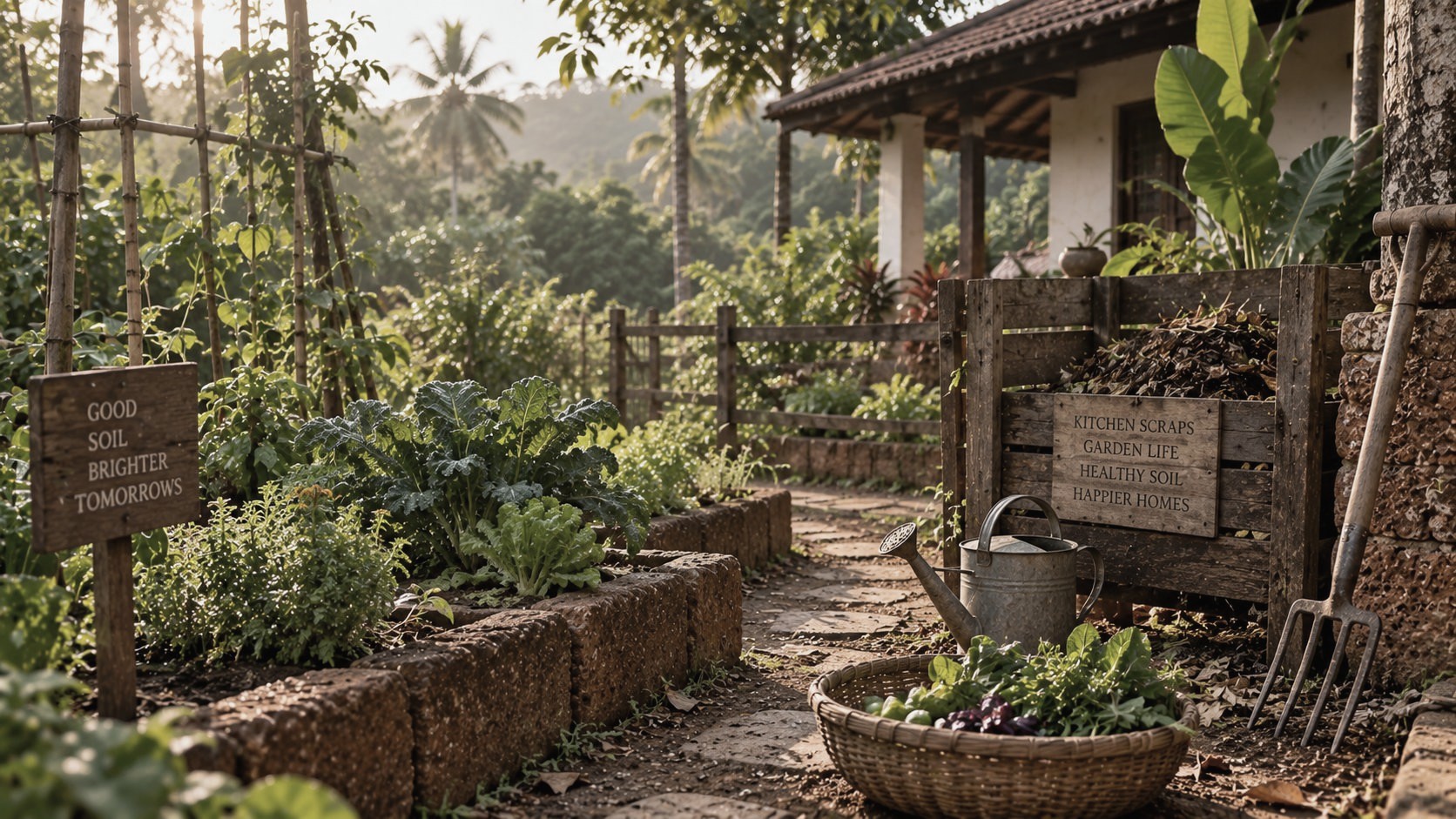 A kitchen garden with raised laterite beds, a compost bin, watering can and basket of fresh vegetables in front of a Goan homestead