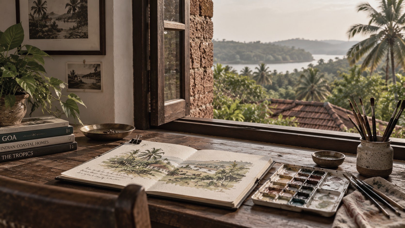 An open sketchbook with a watercolor painting of Goan palms and countryside, paint palette and brushes on a wooden desk beside a window overlooking hills and a river