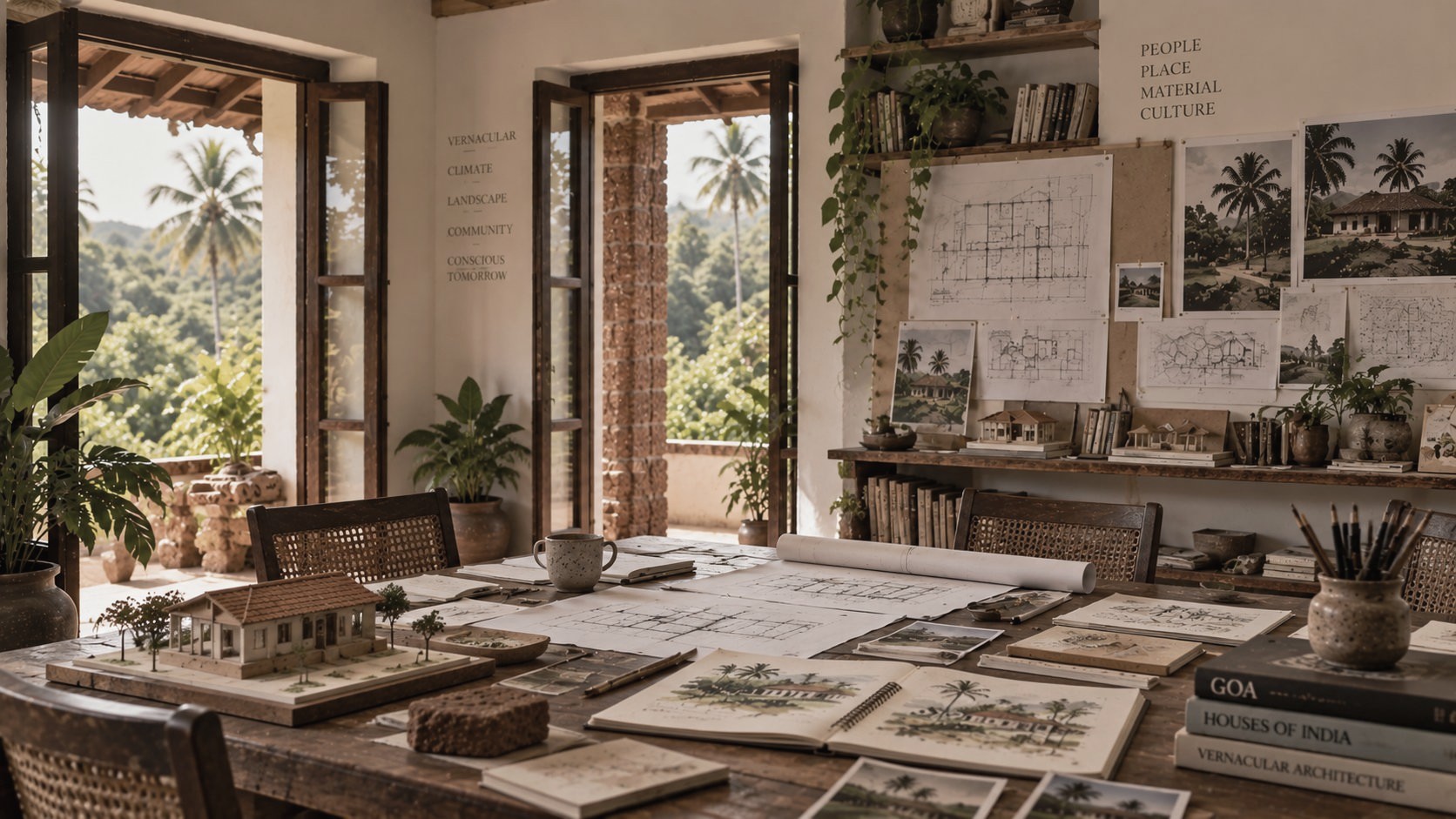 A studio worktable with architectural drawings, a scale model of a Goan house, sketchbooks and books on vernacular architecture, open doors looking out to palm trees