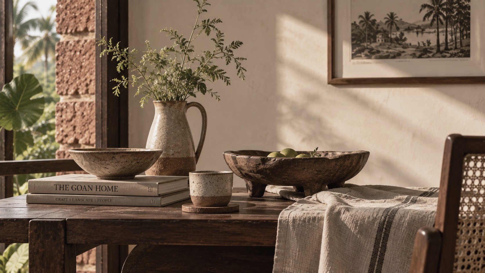 A sunlit table with handmade ceramic bowls, a stoneware jug of wild ferns, a wooden fruit bowl and linen textiles, in a Goan home