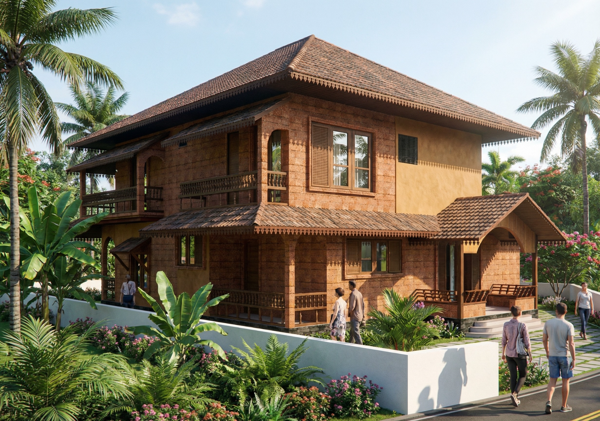 The Joshi House, laterite stone walls, deep tiled eaves and wraparound verandah, alternate exterior view