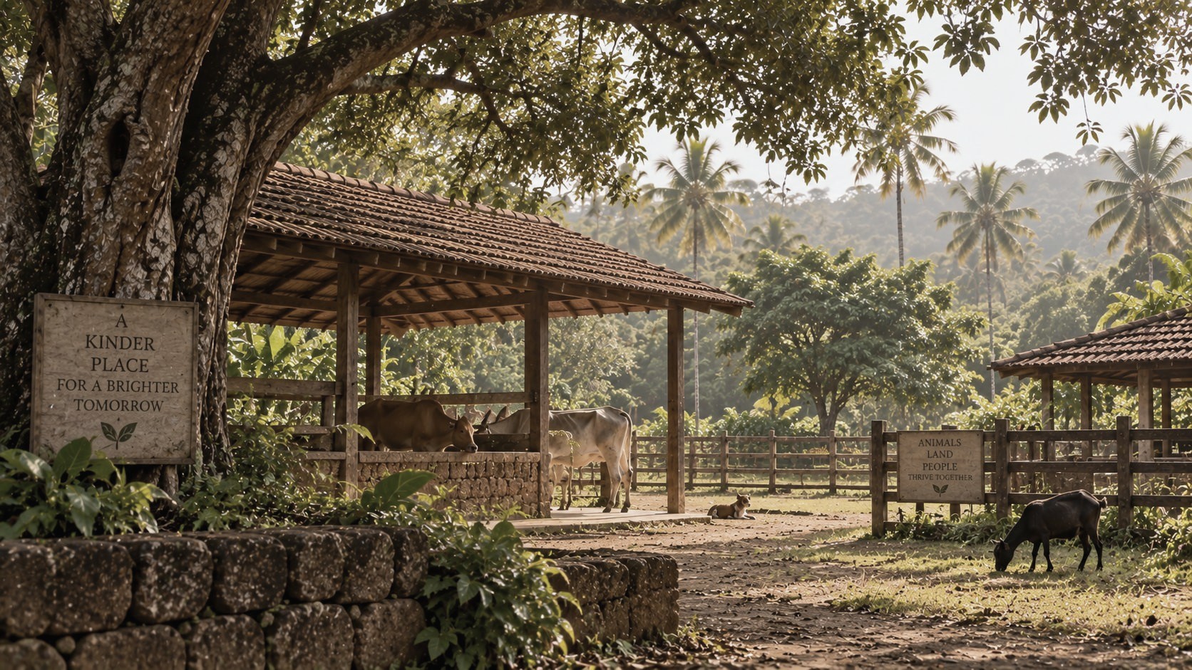 Cattle and a goat resting under an open-sided wooden shelter beneath a large tree, with palm-covered hills in the background